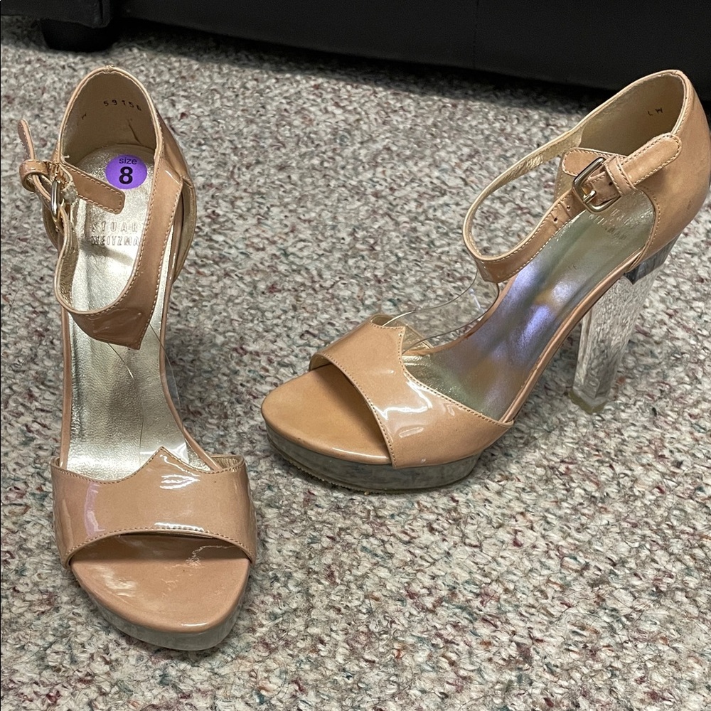 Stuart weitzman patent Nude Heels with Clear lucite platform, strap and Heel